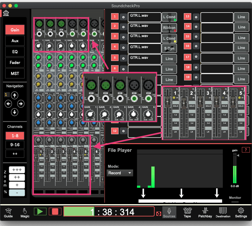 SoundcheckPro practice interface showing console controls, routing, and file player sections
