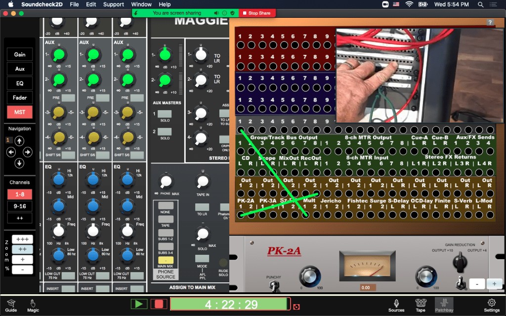 SoundcheckPro patchbay and signal flow interface with console, outboard gear, and live patching reference