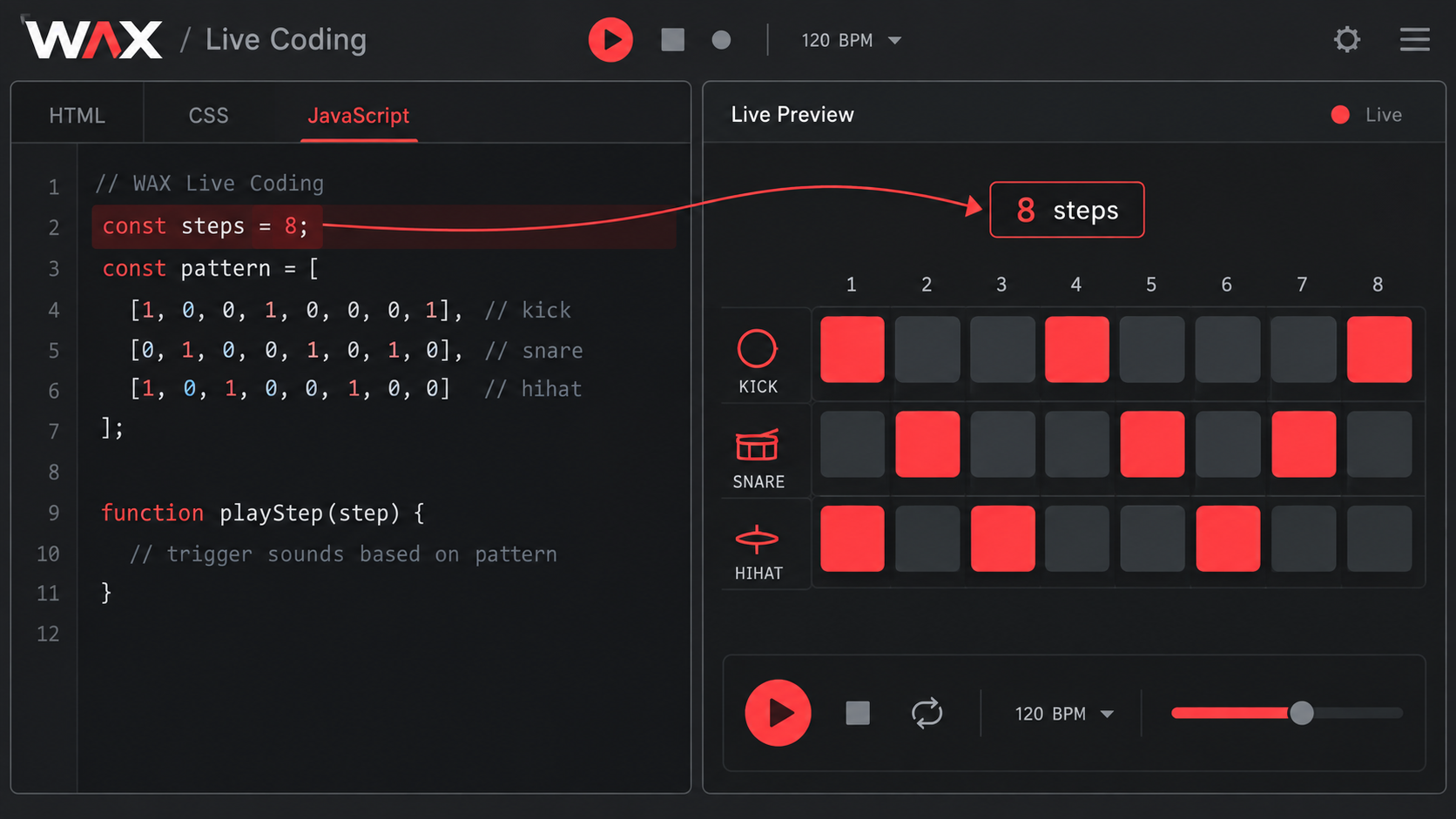 Live coding a step sequencer in WAX